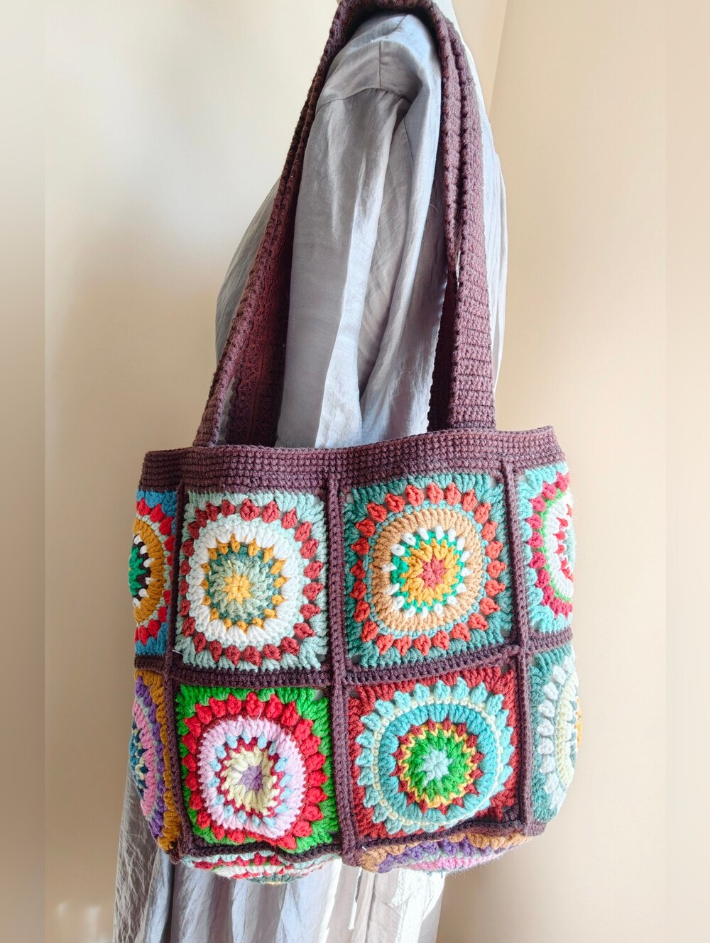 Women's Crochet Shoulder Bag in Brown and White